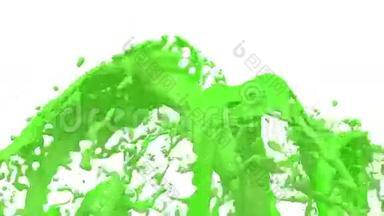 美丽的喷泉绿色液体飞溅，喷泉3D白色背景与阿尔法哑光。 许多绿色油漆流